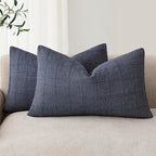 Foindtower Set of 2 Decorative Linen Check Throw Pillow Covers Neutral Farmhouse Lumbar Cushion Covers Modern Coastal Boho Home Decor for Sofa Chair Couch Bedroom Living Room,12×24 Inch,Blue
