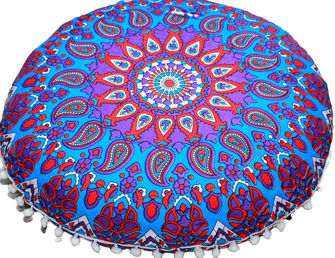 CRAFT KALA 22" Round Boho Floral Floor Pillow Cover, Purple, 22" Diameter, Cotton Fabric, Soft, Indoor Use, Washable