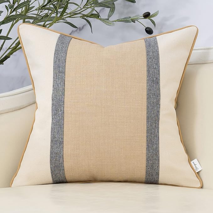 Yangest Patchwork Pillow Cover 20x20 Inch Luxury Cotton and Linen Cushion Cover Square Pillowcover for Couch Bedroom Living Room, Khaki