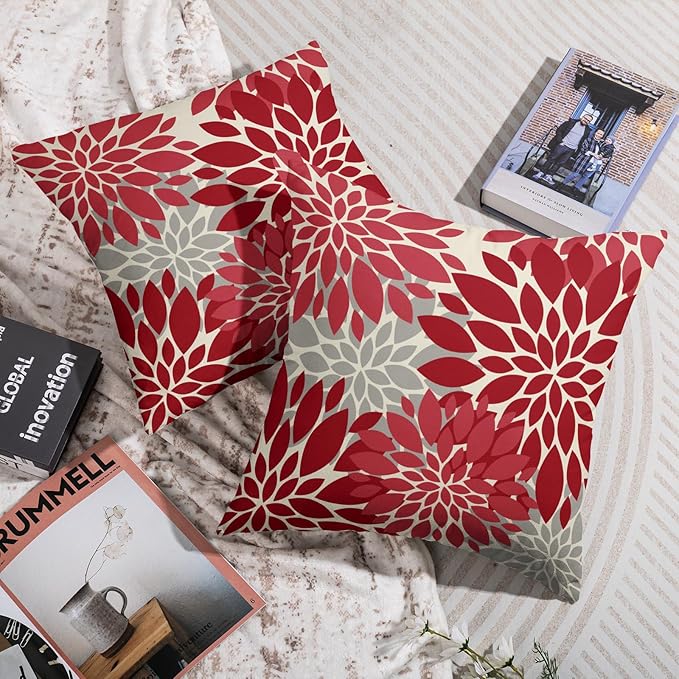 Red Christmas Pillow Covers 24X24 Inch Set of 2, Dahlia Flower Spring Summer Floral Cream Decorative Throw Pillow Covers Outdoor Modern Farmhouse Cushion Case for Home Couch Sofa Bed Decor