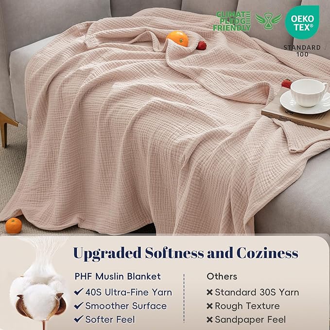 PHF 100% Cotton Muslin Throw XL Blanket Large 50" x 70", 4-Layer Lightweight Gauze Throw, Breathable Cloud-Soft Minimalist Blanket for Bed, Couch, Camping & Baby, Dusty Pink, Ideal Gift
