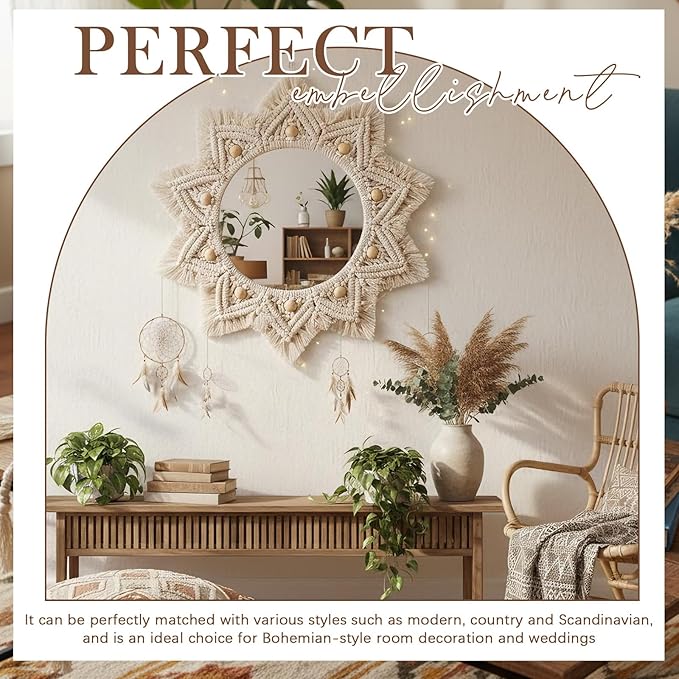 24" Boho Mirror Wall Decor Macrame Hanging Round Mirror with Wooden Beads Large Circle Sunburst Wall Decor for Bedroom Living Room Nursery Apartment Entryway Home Gift, Beige
