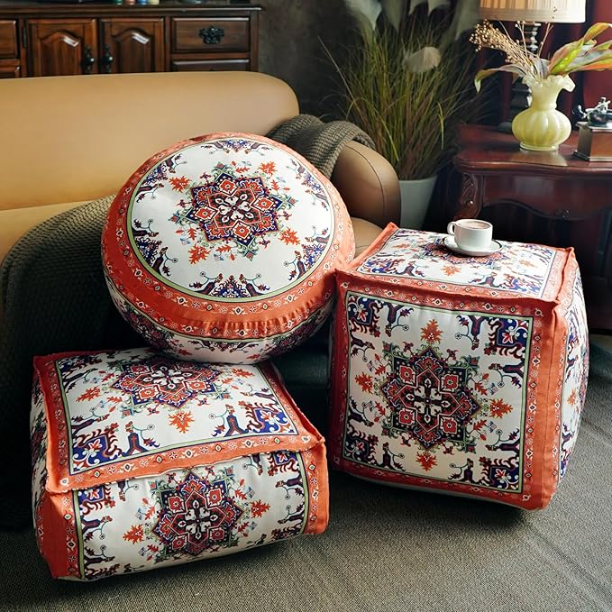 Unstuffed Pouf Cover Ottoman Footrest Bohemian Chenille Foot Stool Floor Bean Bag 18x18x18 Inches for Living Room Bedroom Home Decor (Orange, Cube)