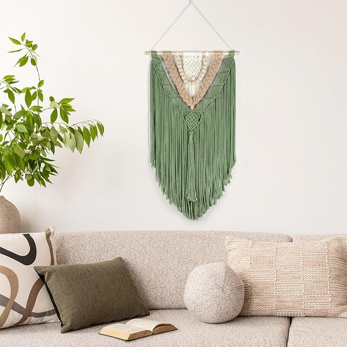 EOBTAIN Green Macrame Wall Hanging Boho Home Decor,Handmade Craft Handwoven Tapestry for Gallery Nursery Living Room,Natural Cotton Cord and Wood Beads Tassel Bohemian Art Decoration,30 Inch