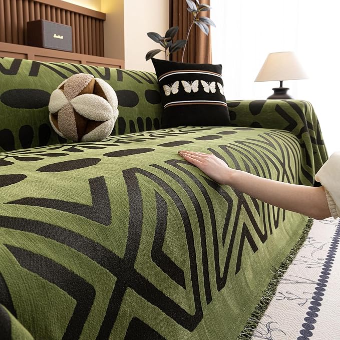 VClife Bohemian Green and Black Couch Cover Western Aztec Sofa Cover for 3 Cushion Couch Sofa Washable Chenille Sofa Slipcover Boho Non Slip Geometric Couch Covers for Sectional Sofa 71''x134''