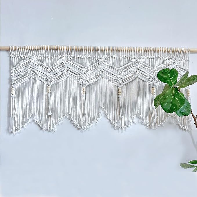 Macrame Doorway Curtains Wall Hanging Window Curtain Panels Closet Room Divider Boho Wedding Decor Backdrop Macrame Valance Boho Kitchen Valance (Ivory White, 52''W x 21.6''H)