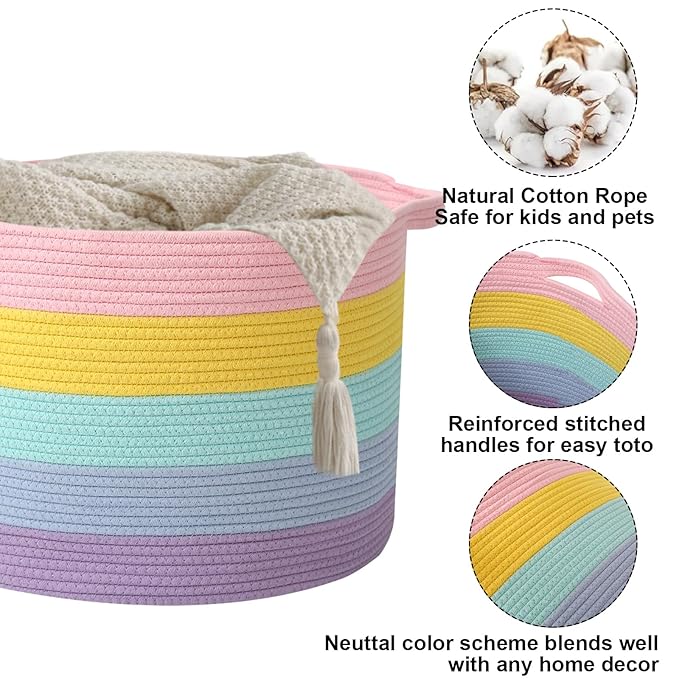 65L Large Blanket Basket,19.7" L x 19.7" W x 13" H Rope Woven Baskets with Handles, Toys Storage Bins,Laundry Basket Perfect for Living Room, Nursery,Bedroom,Home Organization,Colorful