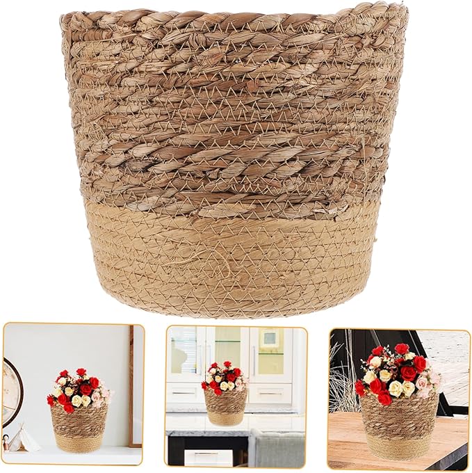 Healifty Seagrass Woven Planter Basket Large Brown Base Handcrafted Plant Container Boho Decor Storage Basket for Indoor Outdoor Plants Home Organization