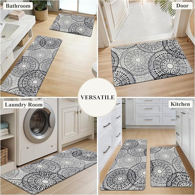 HEBE Cushioned Kitchen Mats for Floor Set of 2, Non Slip Anti Fatigue Kitchen Rugs and Mats, Floral Waterproof Comfort Foam Standing Mat Floor Carpet for Kitchen,Home Office,Sink,Laundry