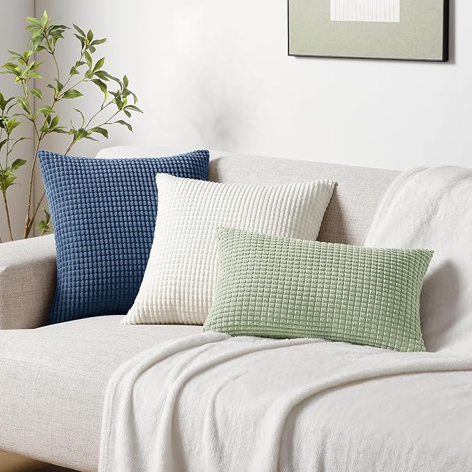 Softalker Throw Pillow Covers 16x16 Inch, Set of 2, Soft Corduroy Boho Stripe Decorative Pillow Cover, Couch Fluffy Pillow Cover for Farmhouse Home Decor Bed Living Room, Blue