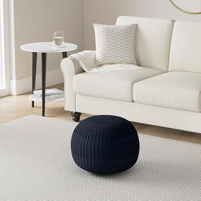 Urban Lifestyle Round Knit Pouf - Hand Woven Cotton, Navy