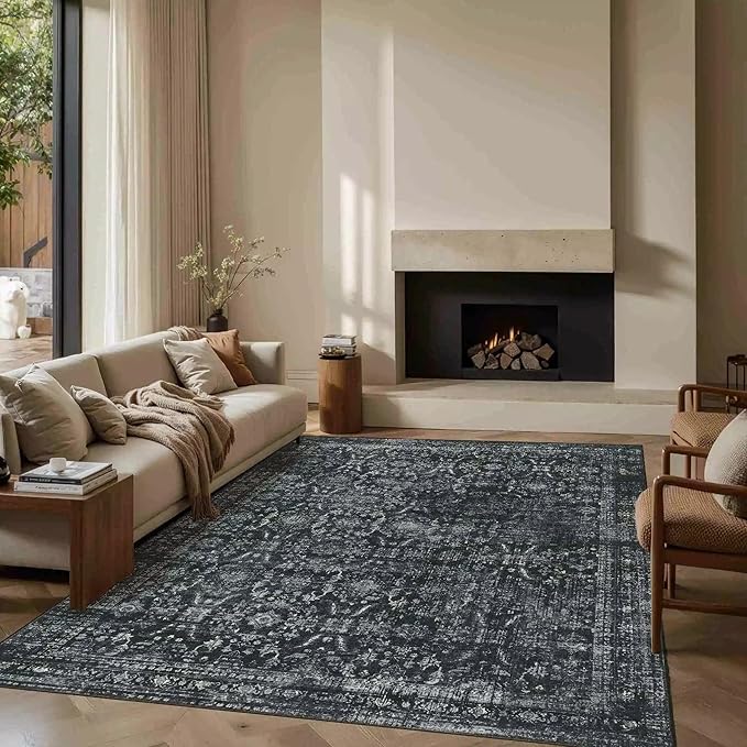 5x7 Area Rugs for Living Room Bedroom, Washable Rug, Black Vintage Floral Boho Rug, Non Slip & Low Pile Faux Wool Thin Carpet for Indoor Dining Room and Kids Room(Black 5x7ft)