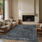 5x7 Area Rugs for Living Room Bedroom, Washable Rug, Black Vintage Floral Boho Rug, Non Slip & Low Pile Faux Wool Thin Carpet for Indoor Dining Room and Kids Room(Black 5x7ft)