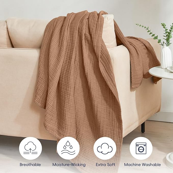 PHF 100% Cotton Muslin Throw XL Blanket Large 50" x 70", 4-Layer Lightweight Gauze Throw, Breathable Cloud-Soft Minimalist Blanket for Bed, Couch, Camping & Baby, Coco Brown, Ideal Gift