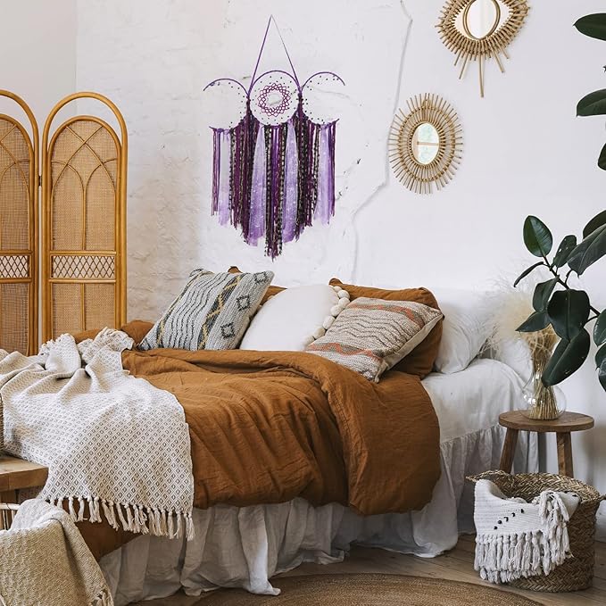 ANROYE Purple Triple Moon Goddess Macrame Wall Hanging, Boho Wiccan Crescent Dream Catcher, Bohemian Dreamcatcher for Women,Woven Pagan Tapestry Decor for Bedroom Witch Decoration