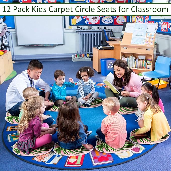 Tinideya 12 Pcs Kids Carpet Circle Seats for Class 16 Inch Round Classroom Rug Floor Cushions Soft First Day of School Educational Mat Non Slip Back to School Learning Playing Areas (Tropical Leaves)