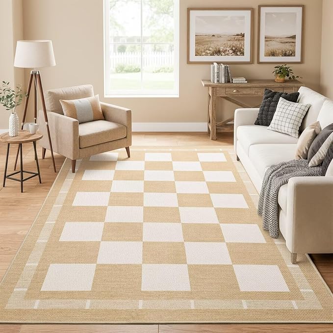 Vasofe 3x5 Plaid Rug, Jute Rugs, Washable Outdoor Indoor Checkered Carpets, Entryway Bedroom Potio Porch Kitchen Carpet, Non Slip Farmhouse Neutral Office Laundry Floor Mat, Khaki and White