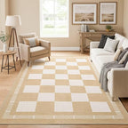 Vasofe 3x5 Plaid Rug, Jute Rugs, Washable Outdoor Indoor Checkered Carpets, Entryway Bedroom Potio Porch Kitchen Carpet, Non Slip Farmhouse Neutral Office Laundry Floor Mat, Khaki and White