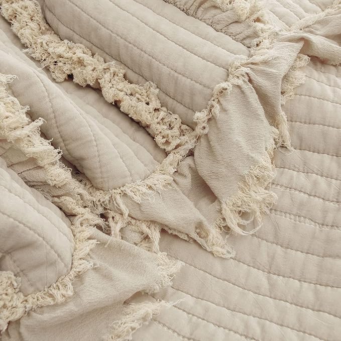 Ultra Soft Pre-Washed Quilted Boho Beige Twin Size Blankets for Bed, Ruffle Fringed Decorative Throw, Stone Washed Chic Rustic Blanket for Sofa Couch Bed, 60"*80"