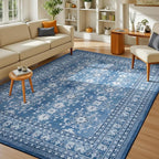 Lessymo 5x7 Area Rugs for Living Room, Machine Washable Non Slip Rug, Soft Low Pile Carpet for Bedroom Dining Home Office, Vintage Blue/White Distressed Floral Floor Mat