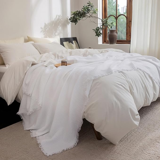 FOSSA Muslin Blanket with Fringe - 4-Layer 100% Cotton Gauze Super Soft & Breathable Throw -Lightweight Decorative Cooling Blanket for Bed, Sofa, Office -Throw XL Size 70" x 50" (Bright White)