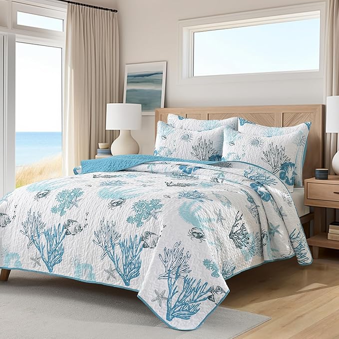 HORIMOTE HOME Coastal Quilt Bedding Set King Size, Reversible Blue Summer Beach Quilt Lightweight Ocean Nautical Comforter Tropical Bedspread Coverlet with 2 Pillow Shams for All Seasons (106"x96")