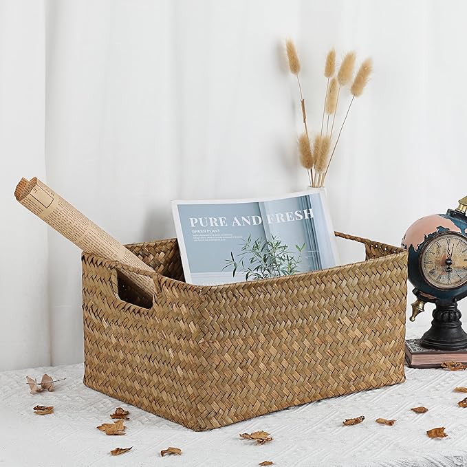Hipiwe Seagrass Storage Basket Bin Rectangular Handwoven Wicker Storage Box with Handle Opened Baskets Box for Shelf Organizing Closet Bathroom, Caramel, Medium