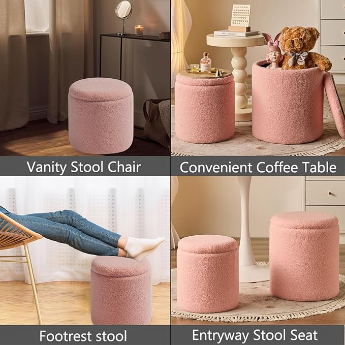 Round Ottoman with Storage Set of 2 - Upholstered Sherpa Vanity Stool for Makeup Multifunctional Ottomans Coffee Table Padded Seat Foot Rest for Living Room & Bedroom (Sherpa Pink)