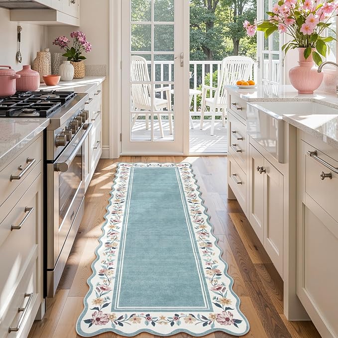 Lahome Floral Blue 2x6 Runner Rug for Hallway,Scalloped Washable Rug Runner Non Slip Kitchen Rugs Ultra-Thin Stain Resistant Boho Carpet Runner for Laundry Bathroom Bedroom Ariele