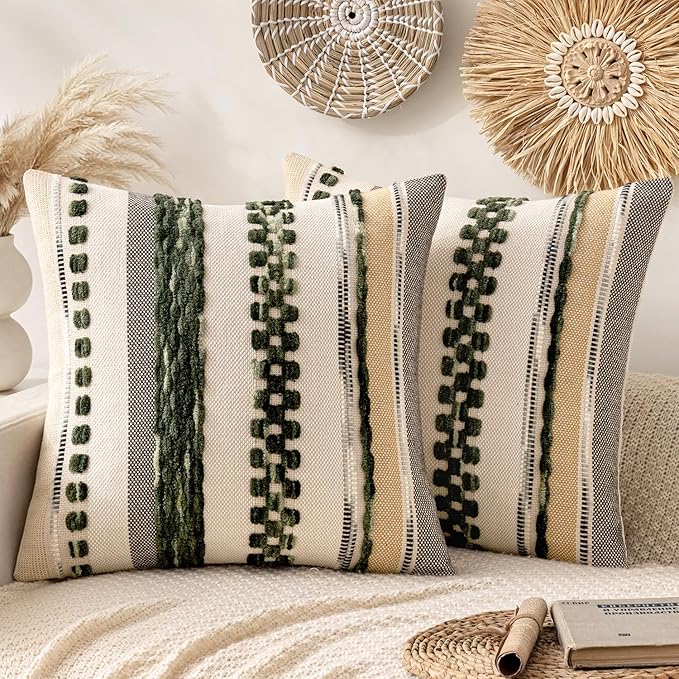 ANRODUO Pack of 2 Boho Decorative Throw Pillow Covers 20x20 Farmhouse Cushion Case Striped Chenille Pillow Cases Square Pillow Covers Accent Neutral Pillowcase for Sofa Couch Bed, Dark Green Stripe