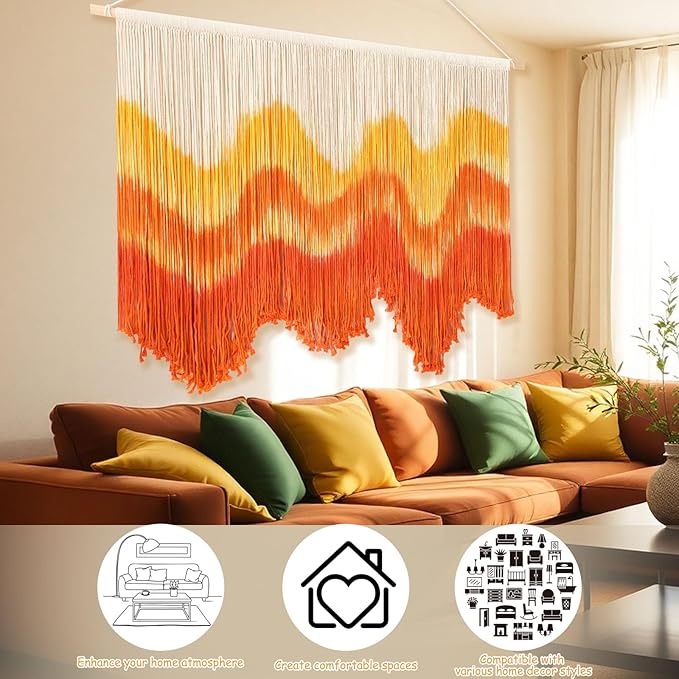Tiamon Boho Wall Decor - 59''W x 35.4'' L Macrame Wall Hanging Dip-Dye Large Tapestry Art for Home Bathroom Farmhouse Bedroom Living Room Office Natural Modern Rustic Decoration