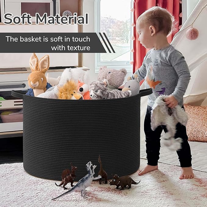INDRESSME 115L Extra Large Cotton Rope Blanket Basket, Woven Storage for Living Room Toy Baskets Kids Baby Laundry Hamper for Dirty Clothes, Pillows, White & Black