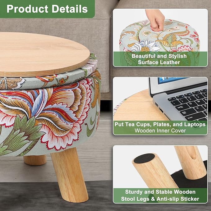 Round Storage Ottoman with Reversible Tray Lid, 12.7 "W x 10.6 "H Upholstered Footrest Pouf with Anti-slip & Scratch-resistant Foot Pads, Stain-Resistant Fabric Pouf, for Living Room, Bedroom, Dorm