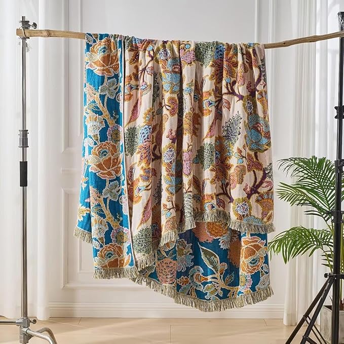 Boho Throw Blanket Farmhouse Decor Throw Blanket Bohemian Blanket for Bed 100% Cotton Muslin Woven Couch Blanket All Seasons Quilt Bedroom (Beige, 90"x98")