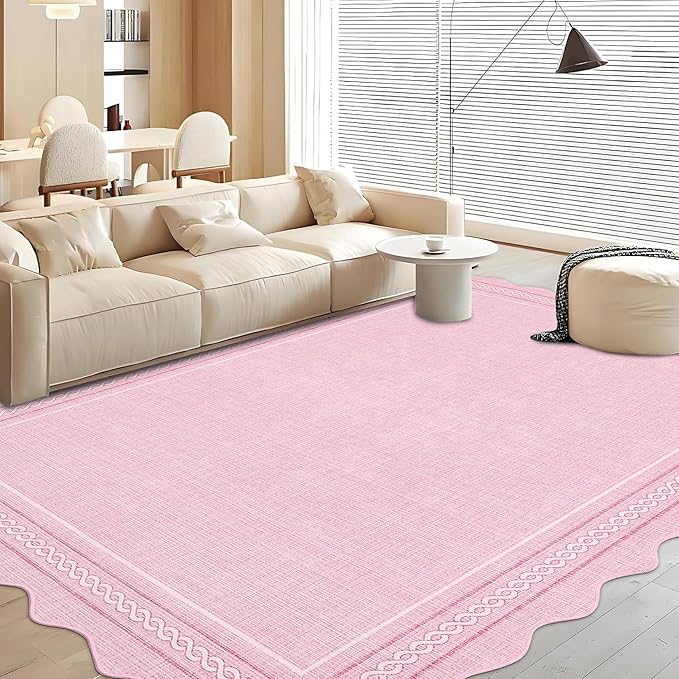 Garvee Scalloped Washable Rugs 9x12 Area Rug for Bedroom Boho Non Slip Throw Rugs Large Living Room Rug Modern Low Pile Soft Stain Resistant Carpet for Nursery Dining Room Office 9'x12' Pink