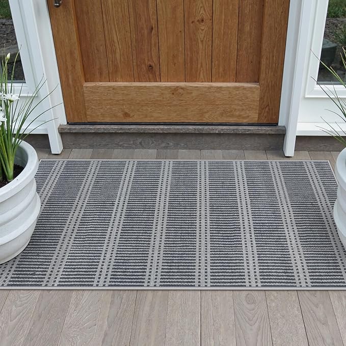 LIVEBOX Easy Jute Indoor Outdoor Rug 3x5 Front Porch, Washable Outdoor Rugs for Entryway, Gray Striped Geometric Rug for Living Room, Non Slip Carpet Door Mat for Front Door, Patio, Kitchen, Bedroom