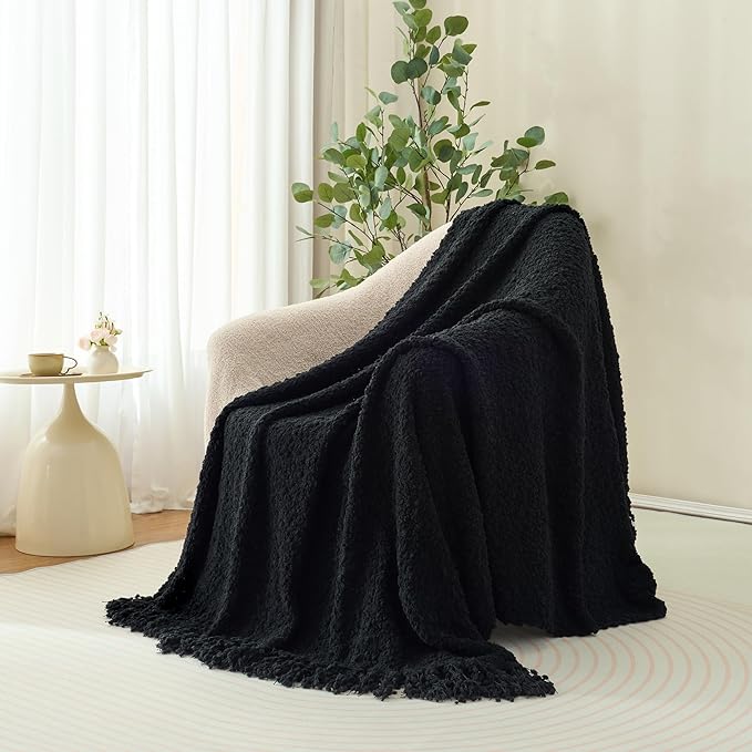Throw Blanket for Couch, Black Luxury Knitted Throws 60"x80", Textured Blankets with Handmade Fringe Tassels for Bed Sofa Decorative, Chunky Soft Farmhouse Boho Home Decor