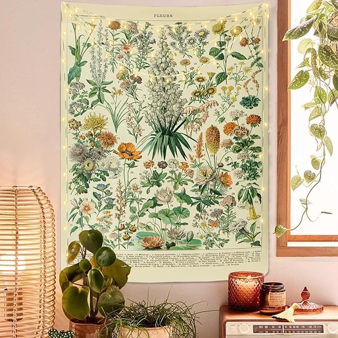 Vintage Flowers Tapestry 48”x36”, Long Vertical Wall Hanging Reference Illustrative Botanical Tapestries for Bedroom Aesthetic Floral Tapistry Botanical Plants Tapestry Wall Hanging Cute Bedroom Decor