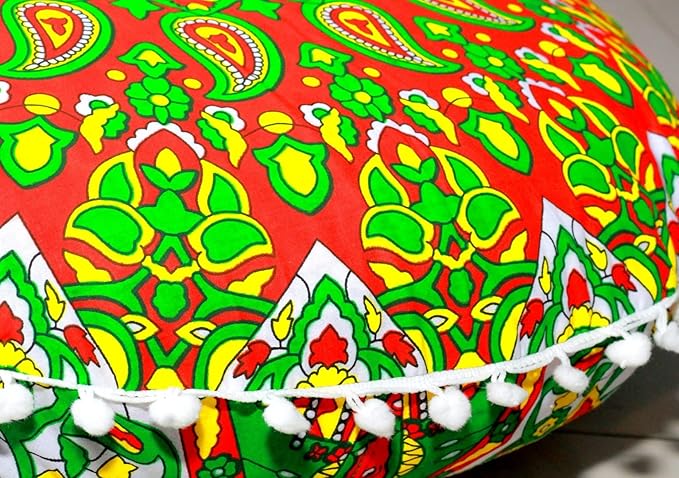 CRAFT KALA 22" Round Mandala Comfort Meditation Floor Pillow Cover, Large Pillows Seating Cover for Adults, Cushions Cover for Outdoor Yoga Fireplace Living Room Ottoman Cover Green Red Flower