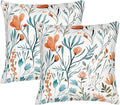 Turquoise Orange Floral Throw Pillows Covers 18x18 in Set of 2, Decorative Teal Orange Flower Square Pillowcase Pillowcovers for Couch Living Room Sofa Bedroom, Boho Cushion Covers, Spring Home Decor