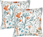 Turquoise Orange Floral Throw Pillows Covers 18x18 in Set of 2, Decorative Teal Orange Flower Square Pillowcase Pillowcovers for Couch Living Room Sofa Bedroom, Boho Cushion Covers, Spring Home Decor
