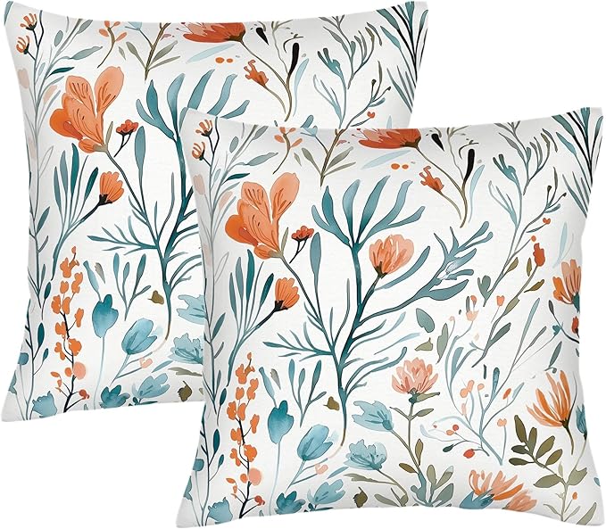 Turquoise Orange Floral Throw Pillows Covers 18x18 in Set of 2, Decorative Teal Orange Flower Square Pillowcase Pillowcovers for Couch Living Room Sofa Bedroom, Boho Cushion Covers, Spring Home Decor