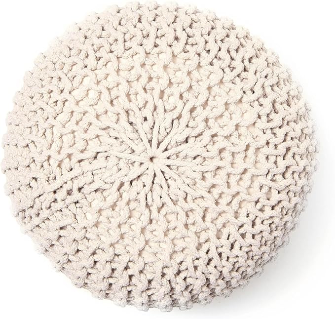 · REDEARTH · Round Pouf Ottoman - Cable Knitted Boho Poof - Home Décor Cord Pouffe Handmade Circular Footrest for Living Room - Bedroom - Kids Bedroom - 100% Cotton Pouf (19.5"x19.5"x14") - Natural