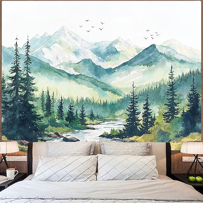 Accnicc Watercolor Forest Mountain Tapestry Green Nature Pine Tree River Wall Tapestry for Bedroom Aesthetic Misty Woods Extra Large Tapestries Wall Hanging for Living Room Dorm Decor 90 x 68 Inch