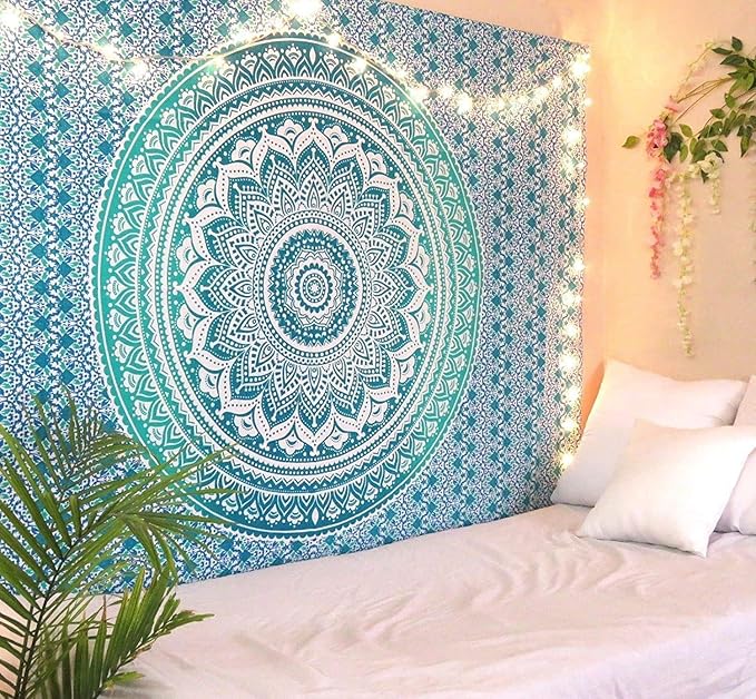 ANJANIYA Ombre Wall Hanging Bohemian Tapestry, Metallic Wall Art Bedspread, Psychedelic Hippie Mandala Dorm Décor for Hanging, Bedding, Beach Coverlet Curtain, Green, 54"X60"