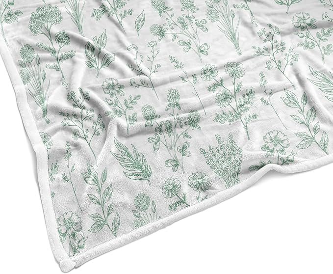 Floral Fuzzy Blanket Green Floral Throw Blanket, Botanical Flowers Blankets, Soft, Flannel, Warm, Boho Flowers Bed Blankets All Season for Couch Bedroom Living Room 50X70 Inch