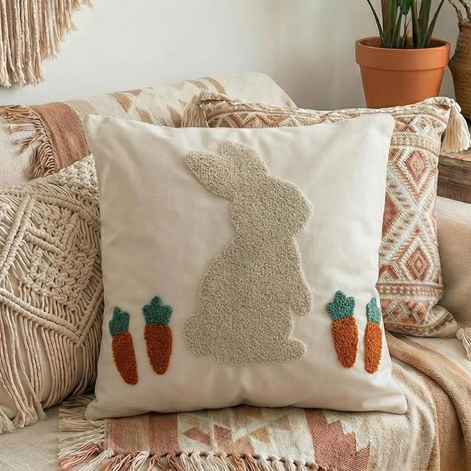 Fluffy Tufted Easter Pillow Cover with Soft Embroidered Bunny, Textured Boho Cotton Canvas Throw Pillow Case for Spring Farmhouse Sofa Couch Decoration, 18x18 inches, 1PCS (Cover Only)