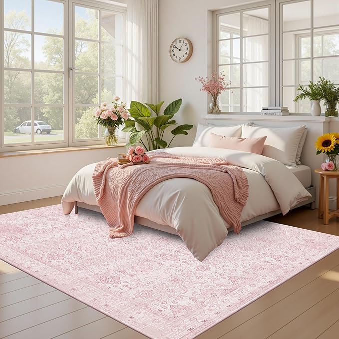 Pink Rug for Living Room Bedroom, 5x7 Area Rugs Washable Vintage Floral Retro Boho Non Slip & Low Pile Nursery Carpet for Indoor Girls Kids Room, Classroom, Dorm, Playroom and Dining Room