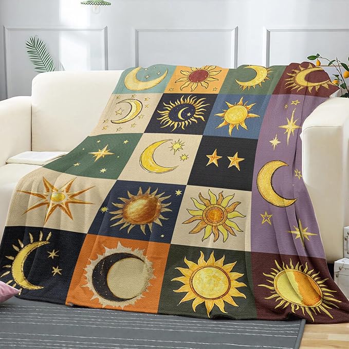 Sun and Moon Throw Blanket, Bohemian Soft Cozy and Warm Couch Blankets Gift for Sun and Moon Lover, Decorative Blankets for Sofa Couch Bed, Dark Brown 50×60 inches