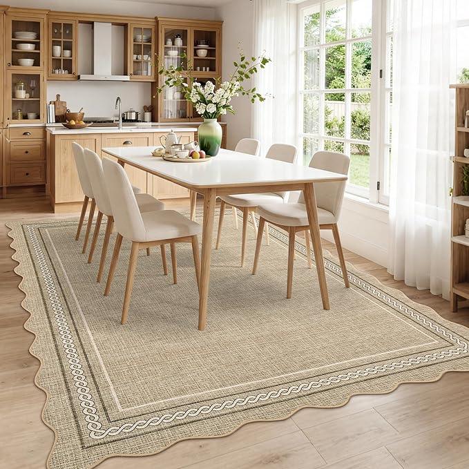 GarveeHome Washable Area Rugs 9x12 Living Room Rug Scalloped Jute Printed Non Slip Soft Bedroom Rugs Low Pile Foldable Large Rug Stain Resistant Carpet for Nursery Dining Room Classroom, Jute